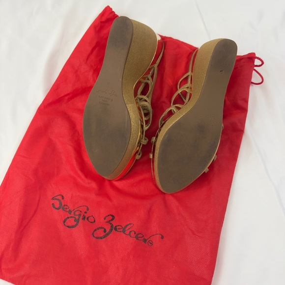 Vintage Y2K Sergio Zelcer Slip-On Open Toe Wedge Pump Sandals 5" - Gold - 9 - Picture 9 of 11